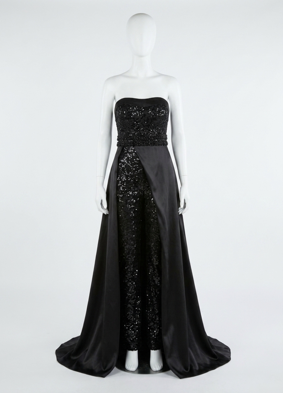 NEW RACHEL ALLAN strapless lace jumpsuit with satin overskirt in black